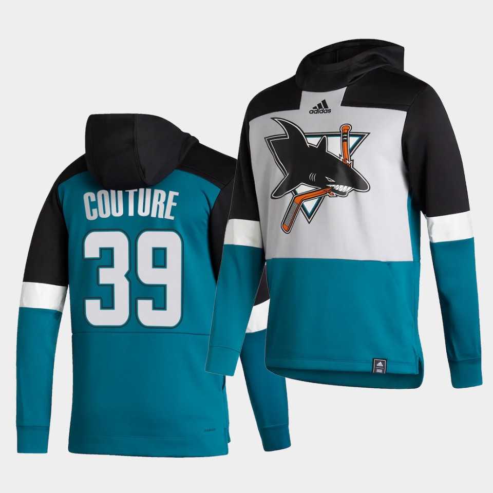 Men San Jose Sharks 39 Couture Blue NHL 2021 Adidas Pullover Hoodie Jersey